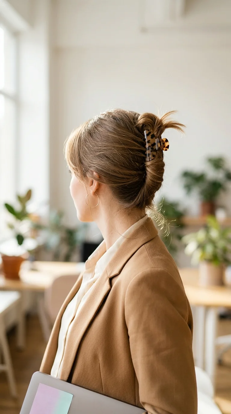 Back view of a loose French twist held with a small tortoiseshell claw clip on long thin light brown hair