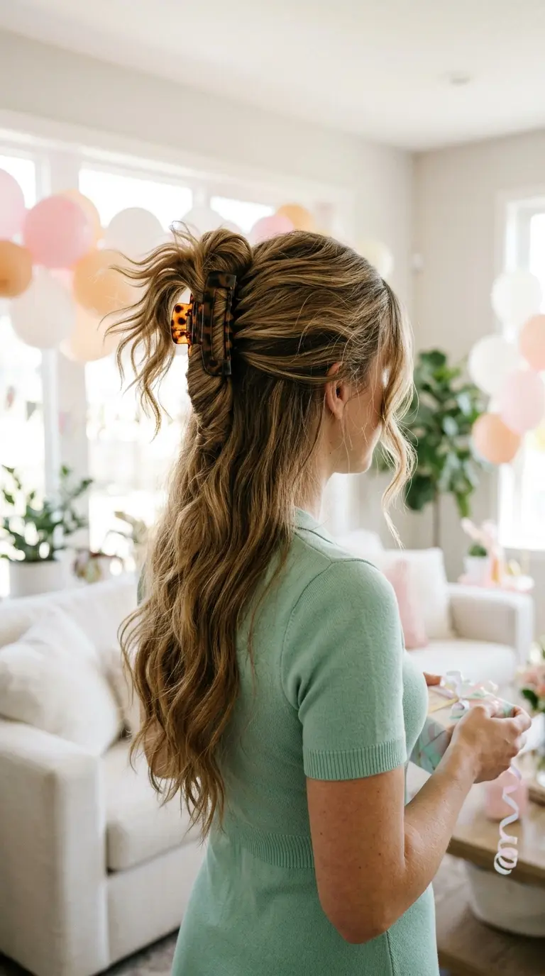 Back view of a French twist held with a large tortoiseshell claw clip