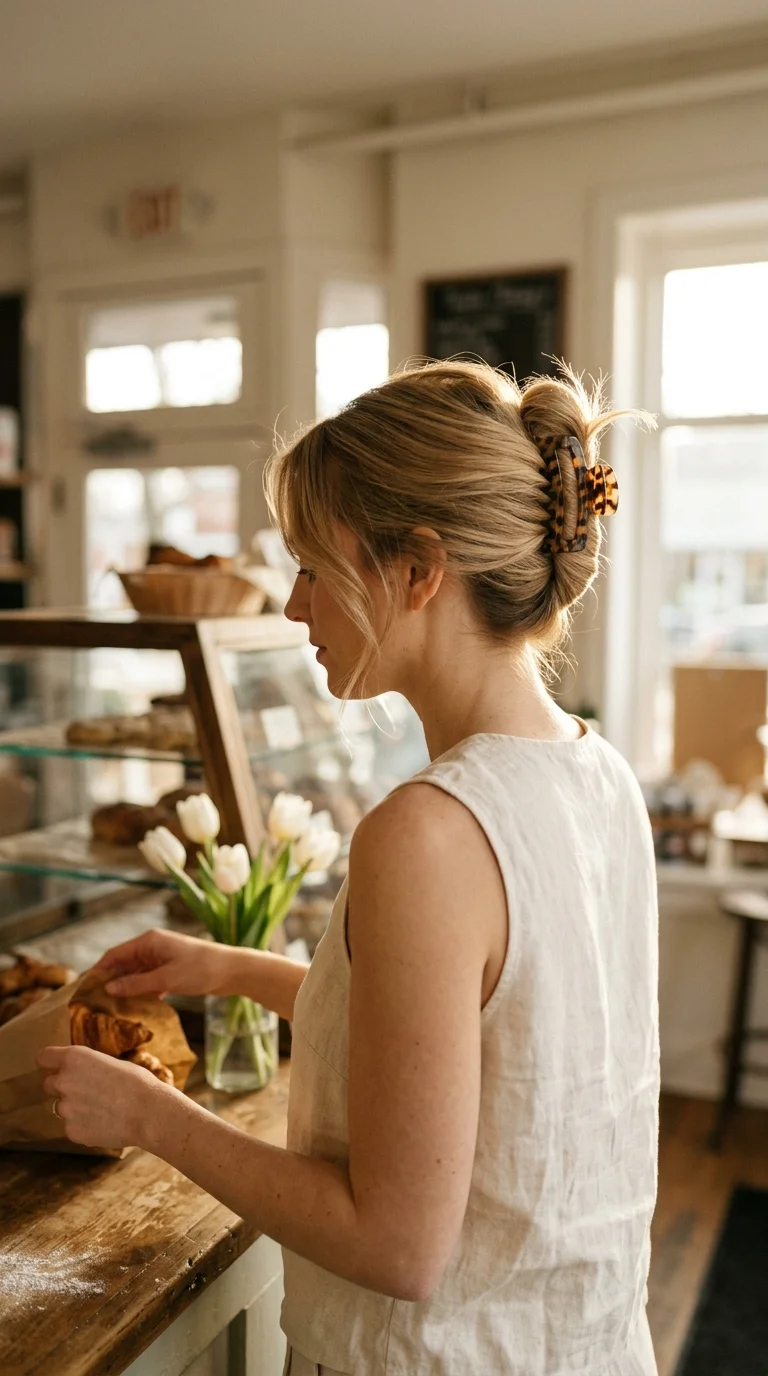 Three quarter front side view of a honey blonde vertical twist with a tortoiseshell clip