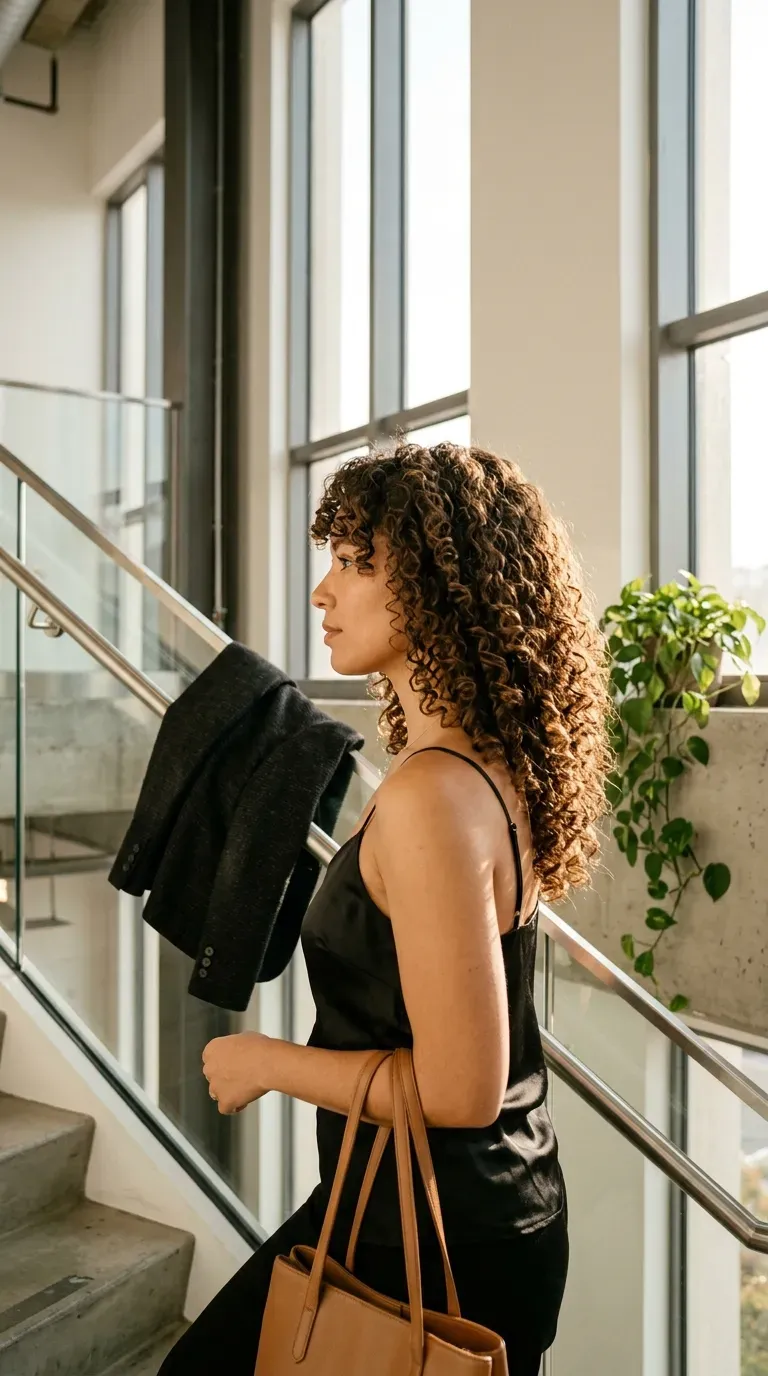 Over the shoulder view of a claw clip half updo on medium curls