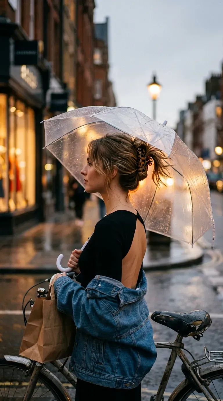 Side profile of a high claw clip twist on a wet city street