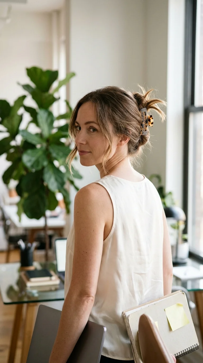 Over the shoulder view of a medium brown claw clip twist with loose ends