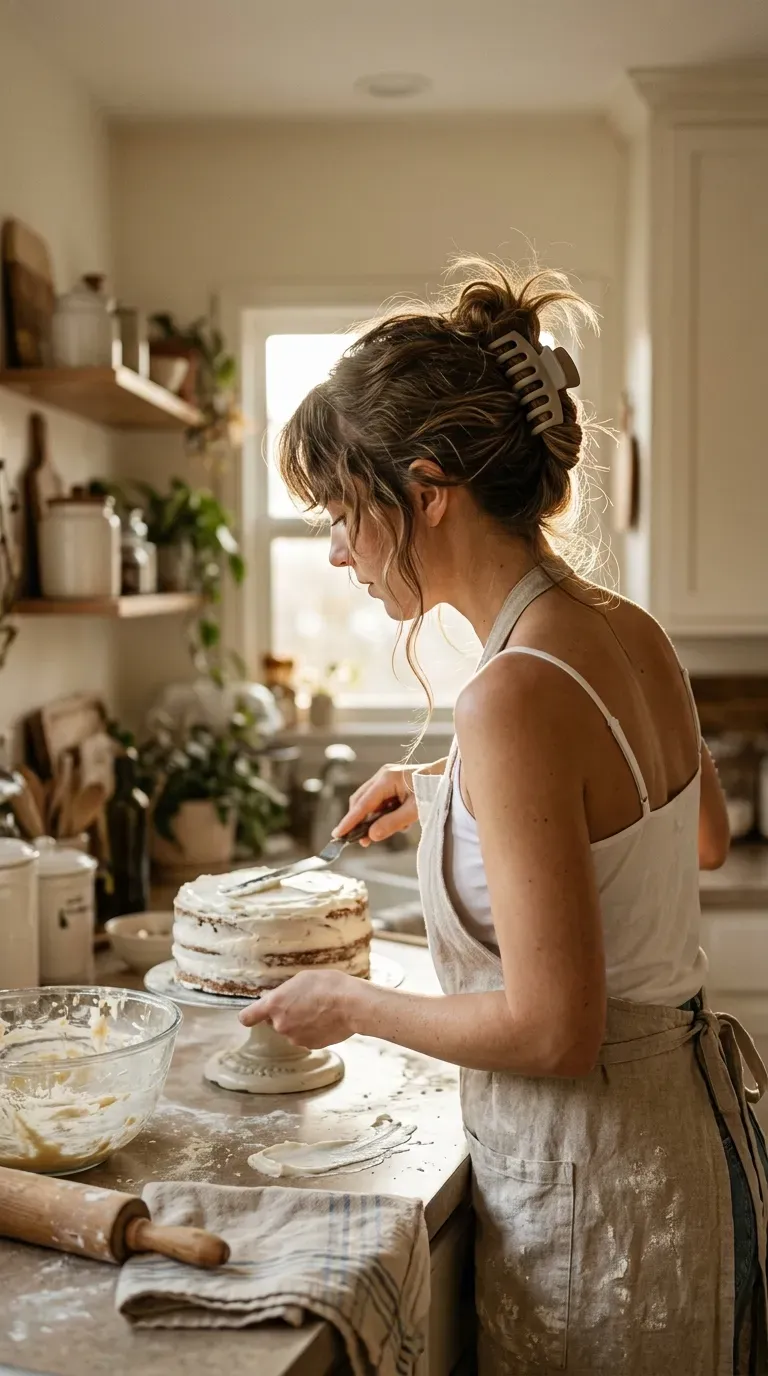Side view of a twisted claw clip updo with loose ends in a kitchen