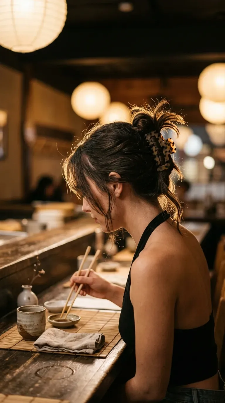 Side profile of a claw clip twist with loose face strands at a sushi bar
