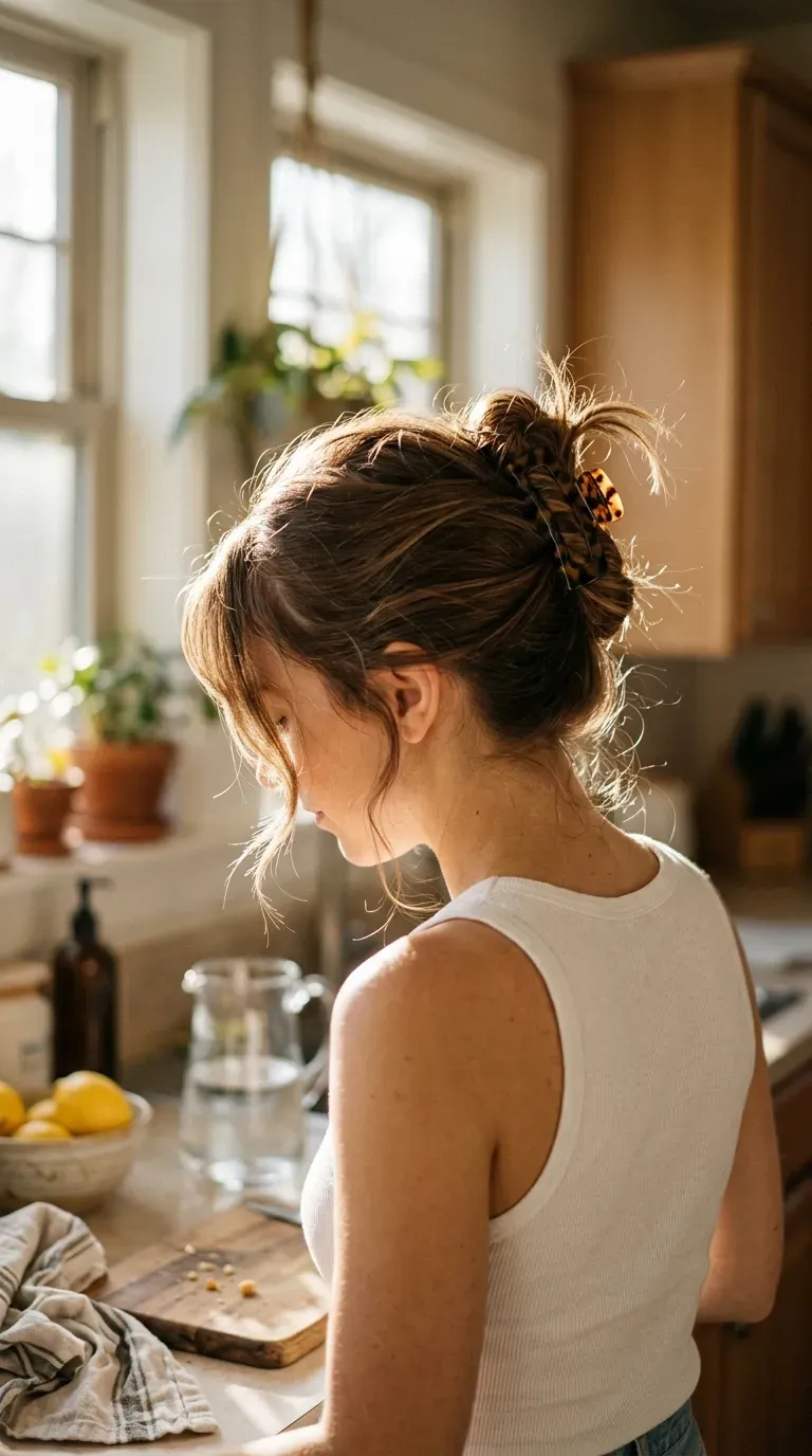 Three quarter view of a twisted claw clip updo with loose ends on top