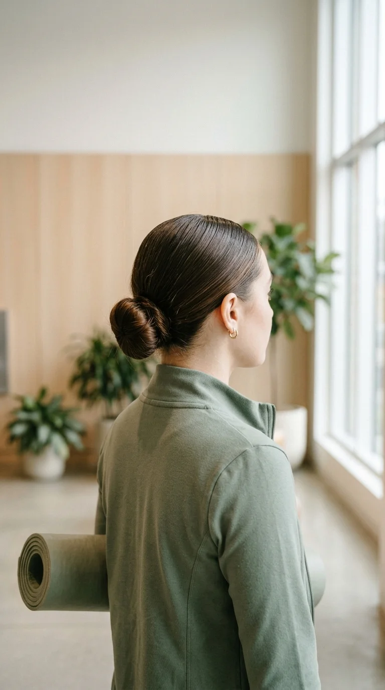 Side back view of a glossy center part slicked into a tight low bun at the nape