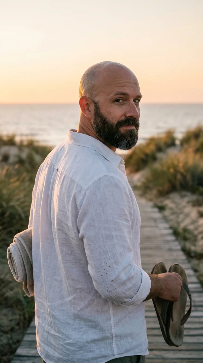 Over the shoulder view of a clean shaved head with a full beard at sunset