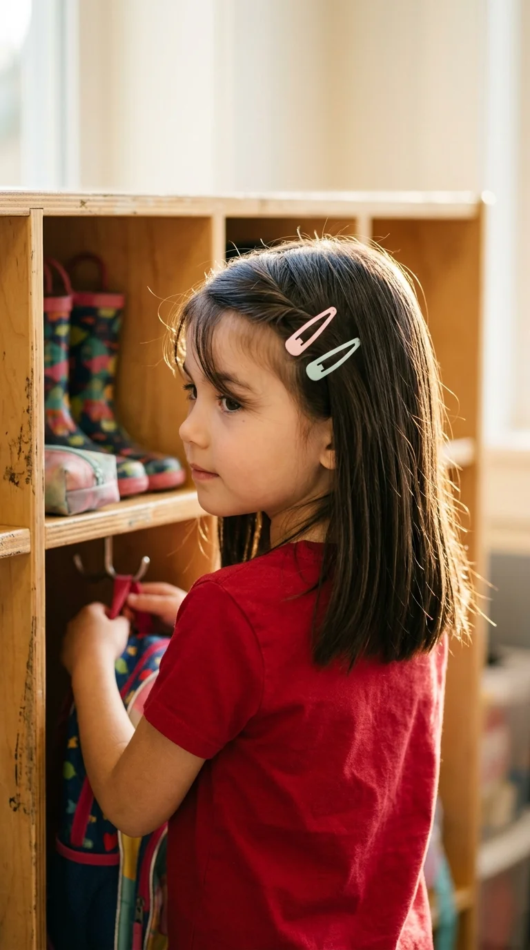 Over the shoulder view of bangs held back with snap clips near classroom cubbies