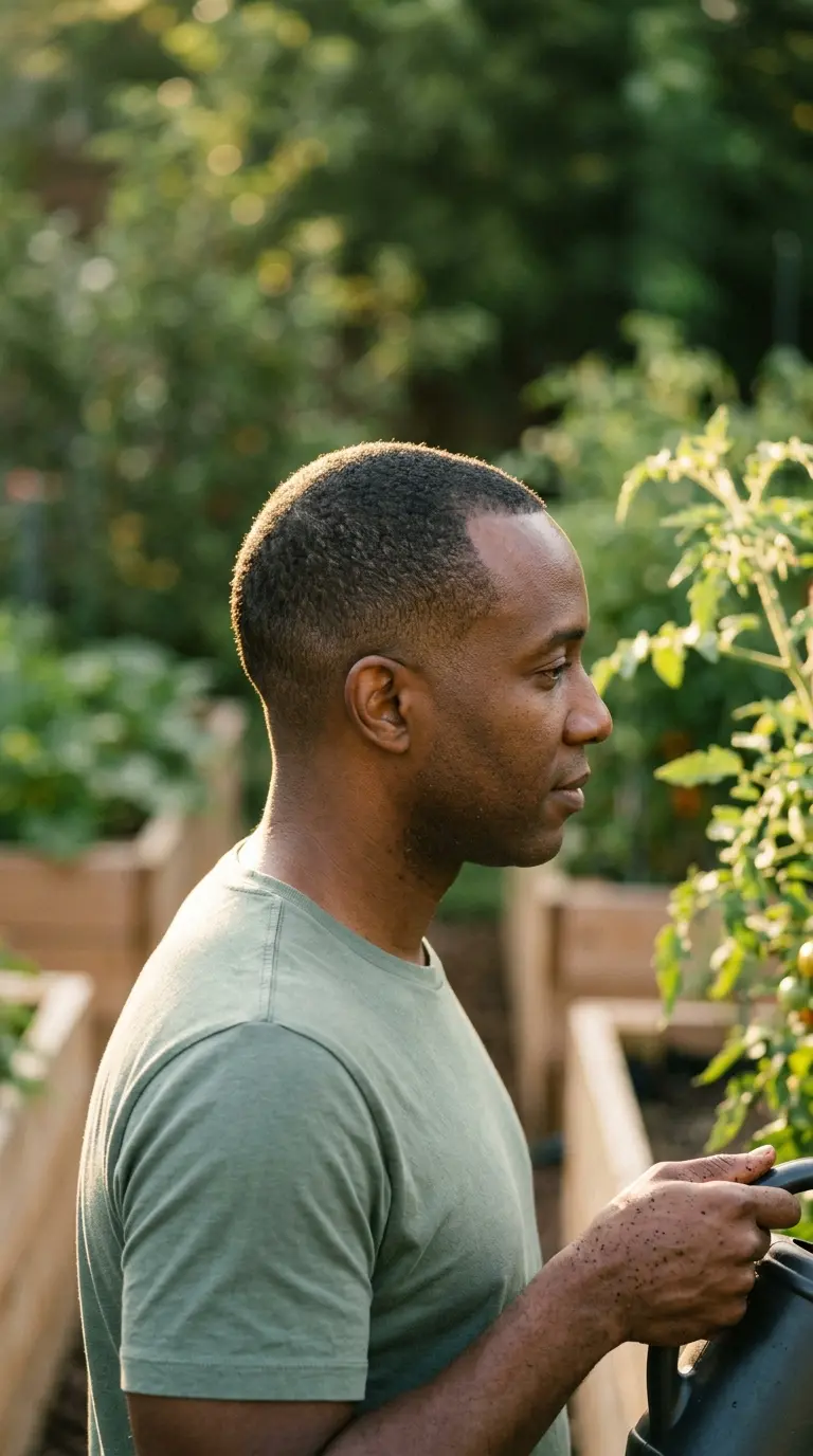 Side profile of a Black man with a close crop that suits a receding hairline