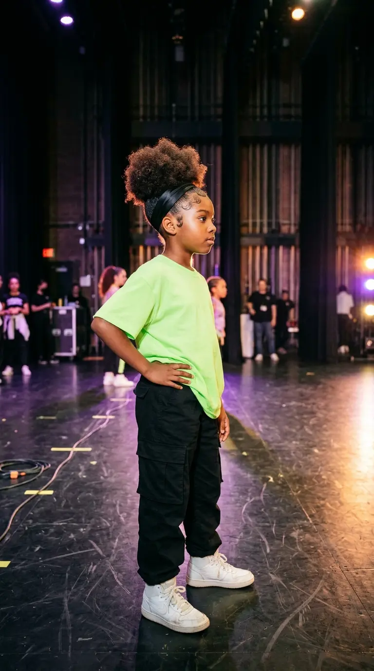 Side profile of a young ballerina with stretched coily hair in a smooth round bun and soft laid edges
