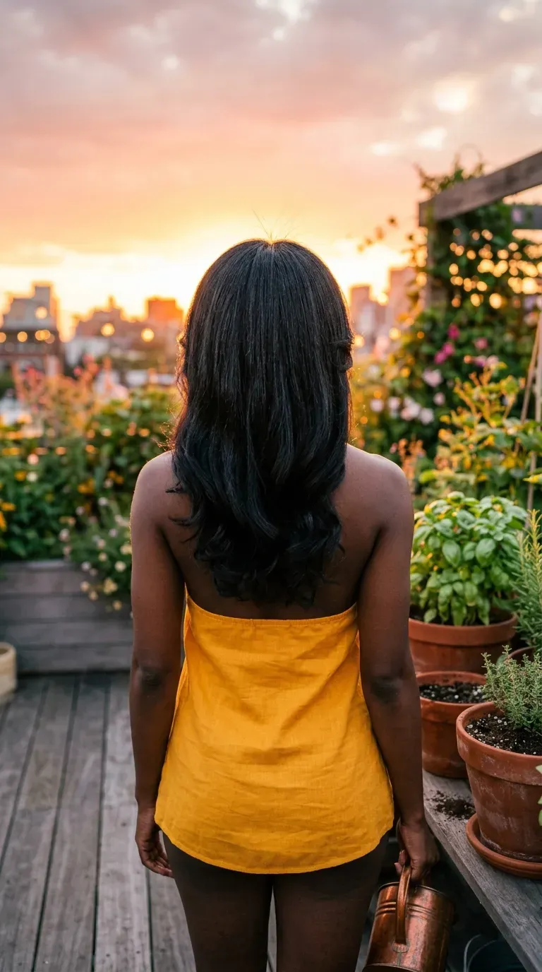 Long coily hair in a silk pressed butterfly cut with flipped wings at rooftop garden