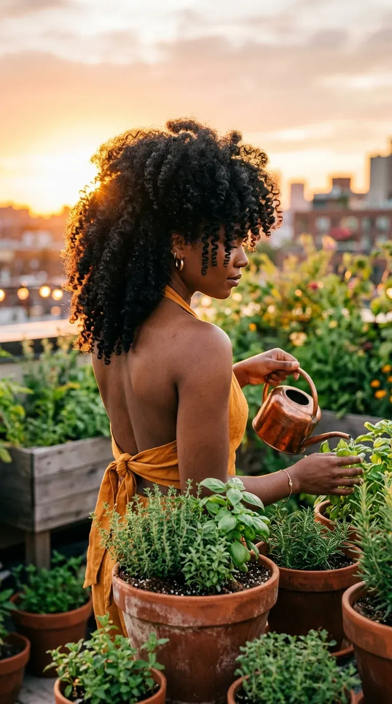 Long coily black hair with face framing coils around the cheeks on rooftop garden