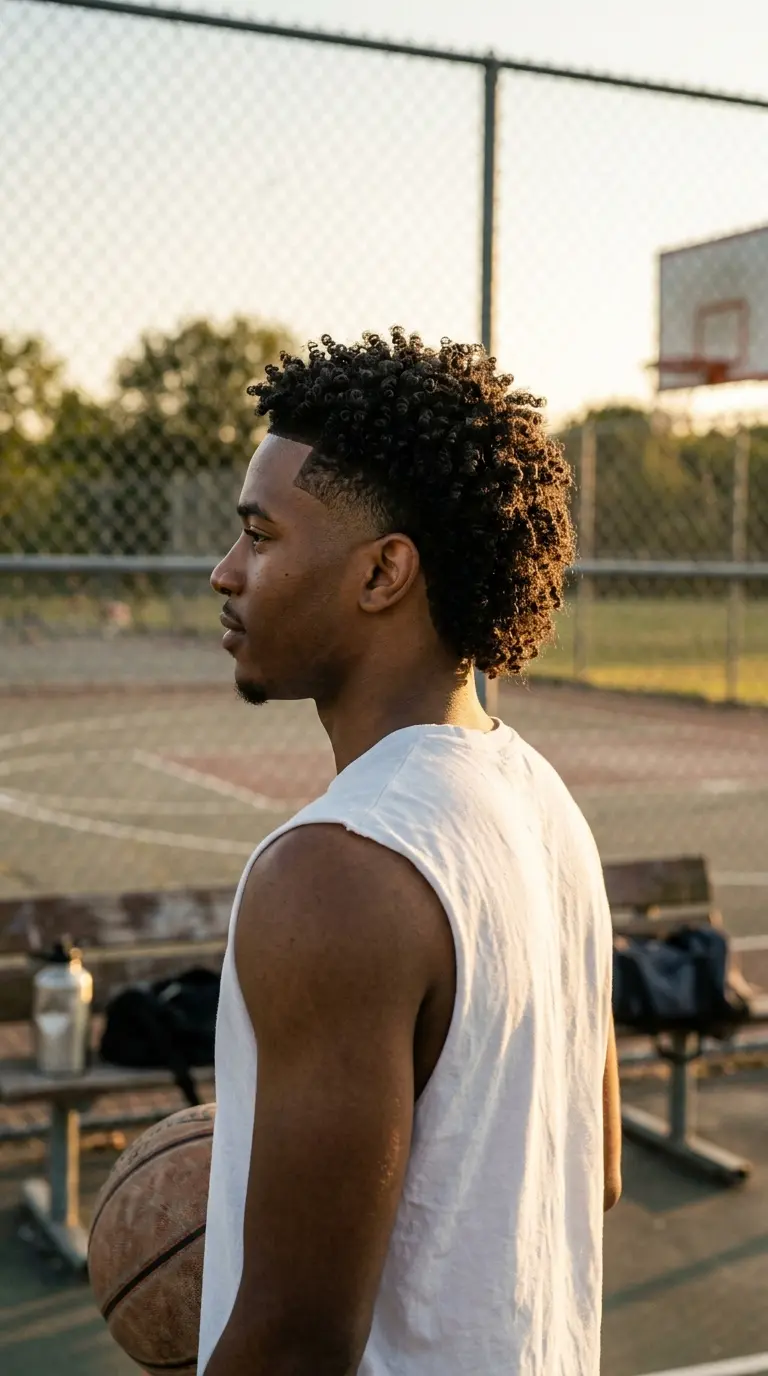 Three quarter back view of a coily mullet with a burst fade and line up