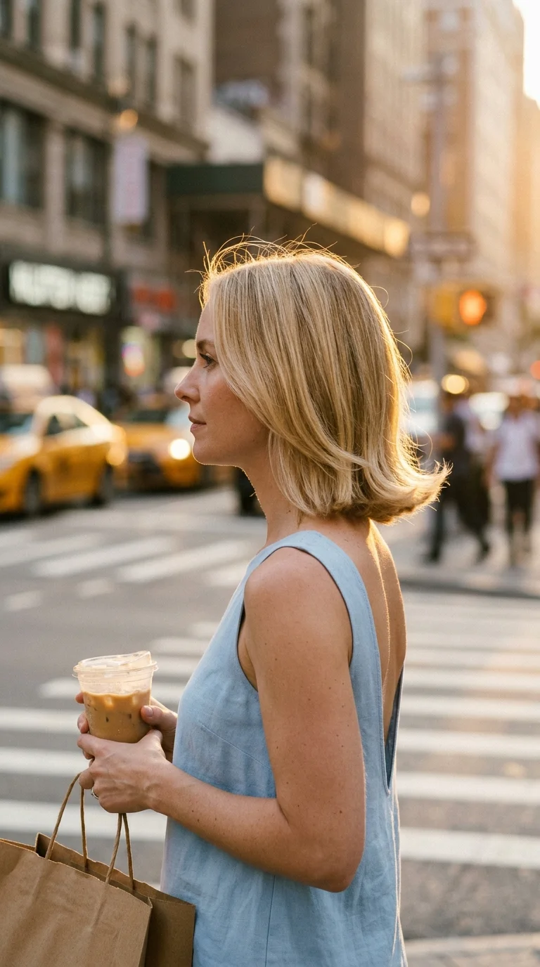 Side profile of a blonde collarbone cut with ends flipped out