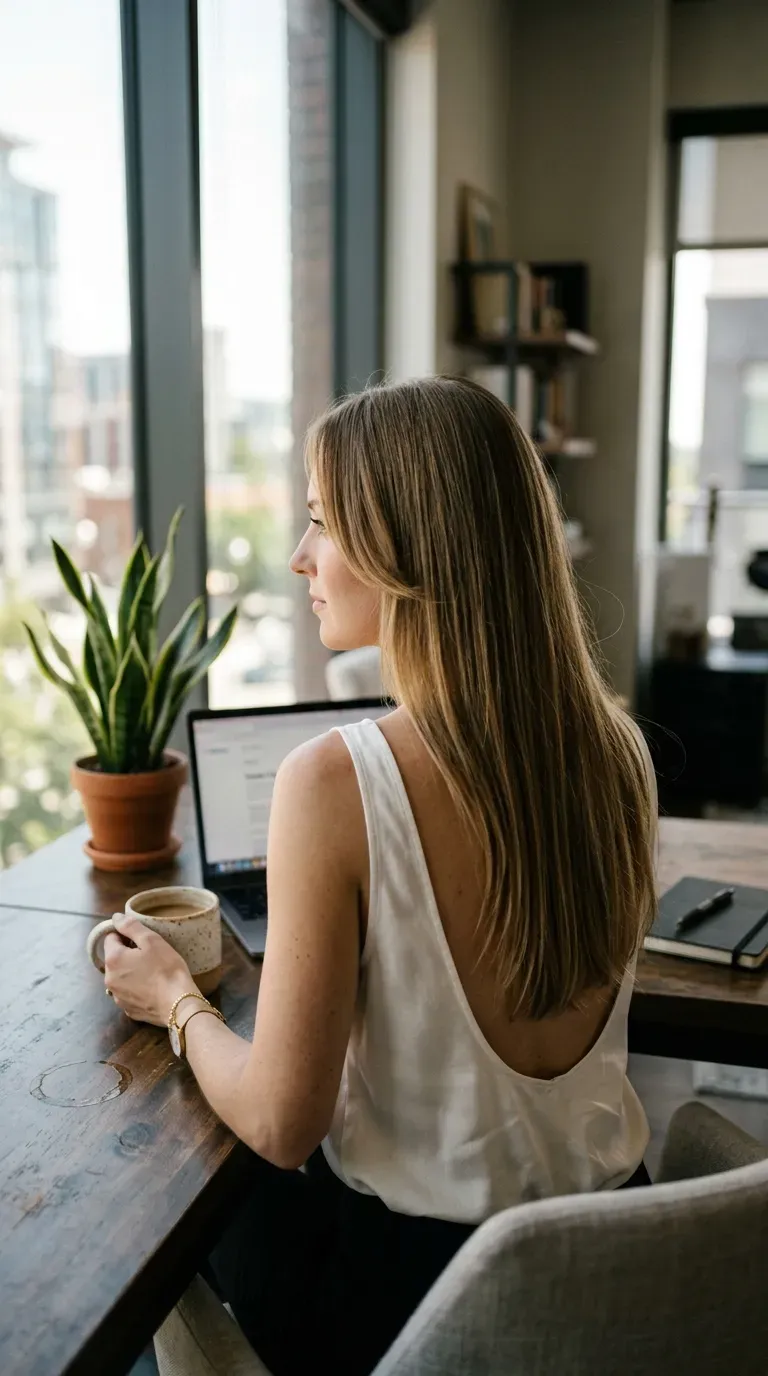 Light brown long hair with subtle collarbone length face framing by an office window