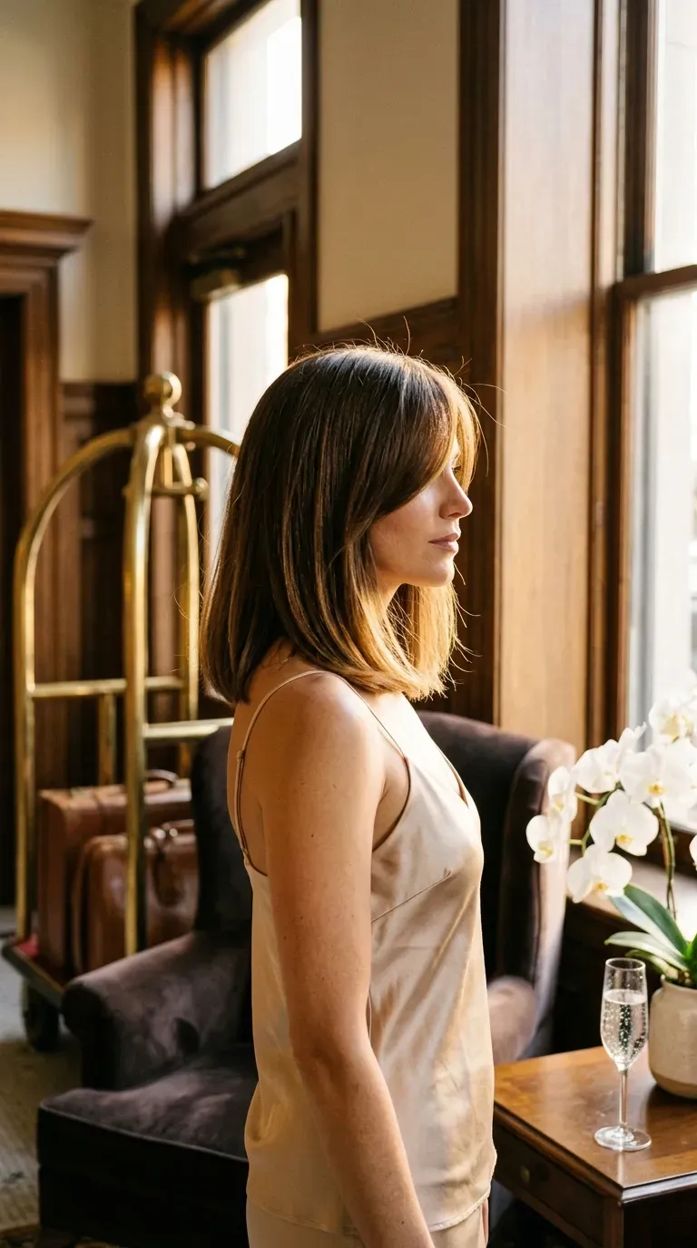Three quarter view of a collarbone lob with a deep side part in a hotel lobby