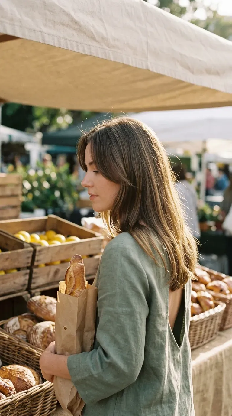 Side profile of long collarbone layers on a shoulder length haircut at a market