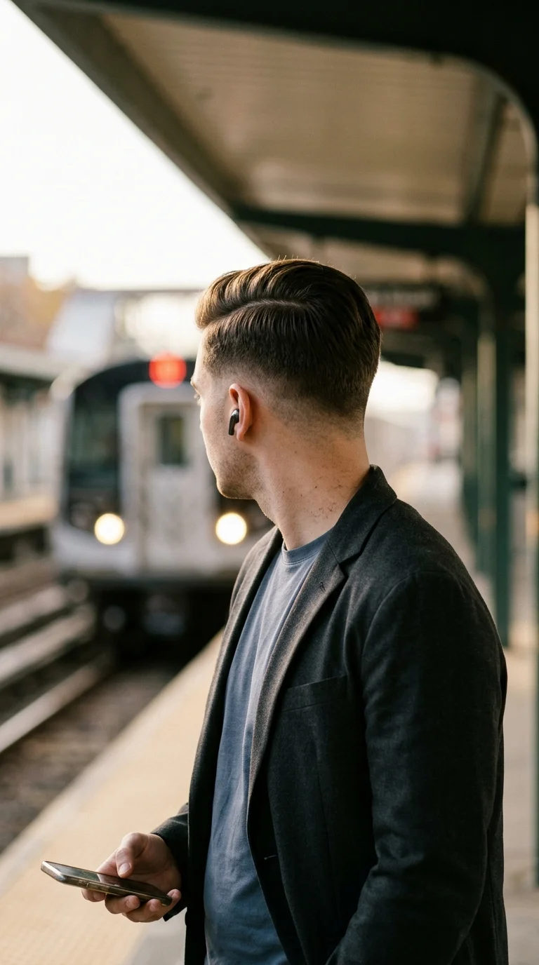 Three quarter back view of a man with a comb over and a smooth mid fade
