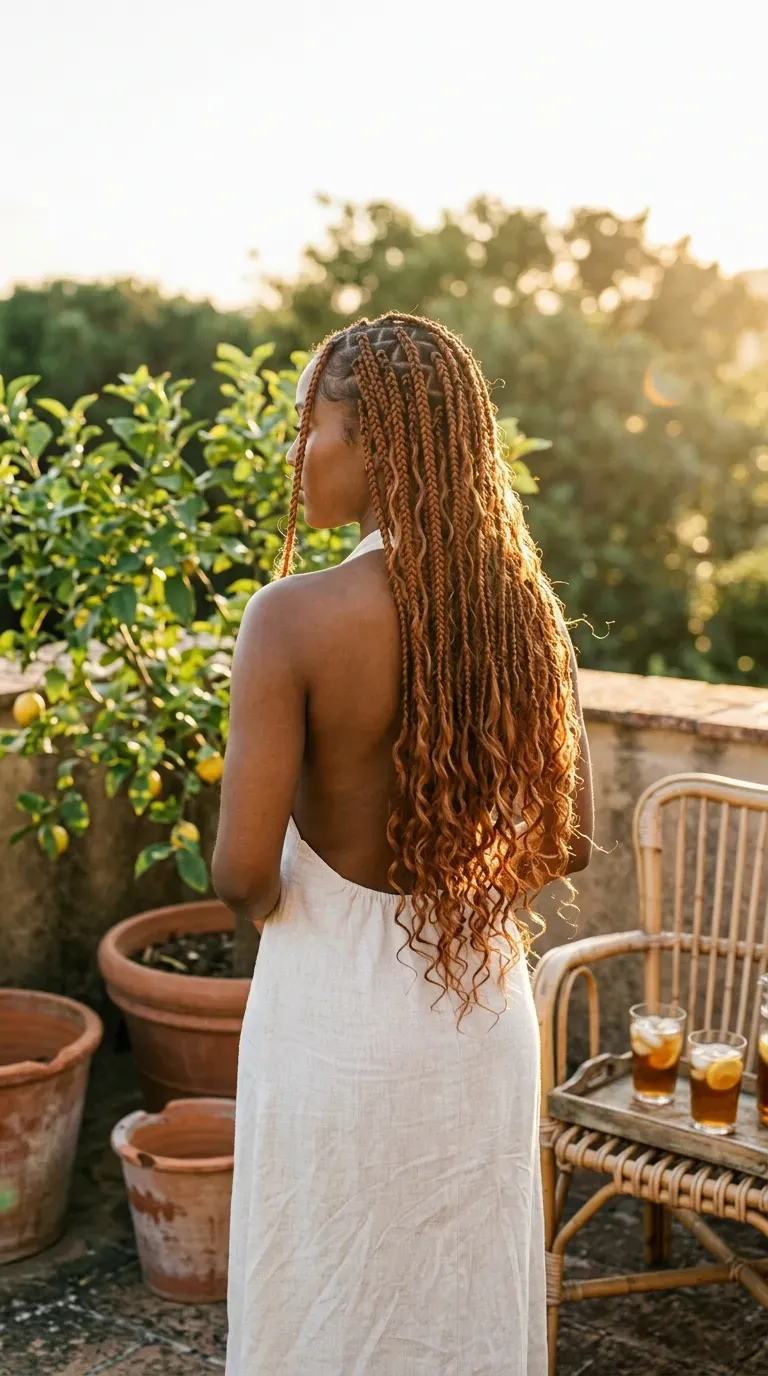 Three quarter back view of copper ginger boho knotless braids with curly ends in sunlight