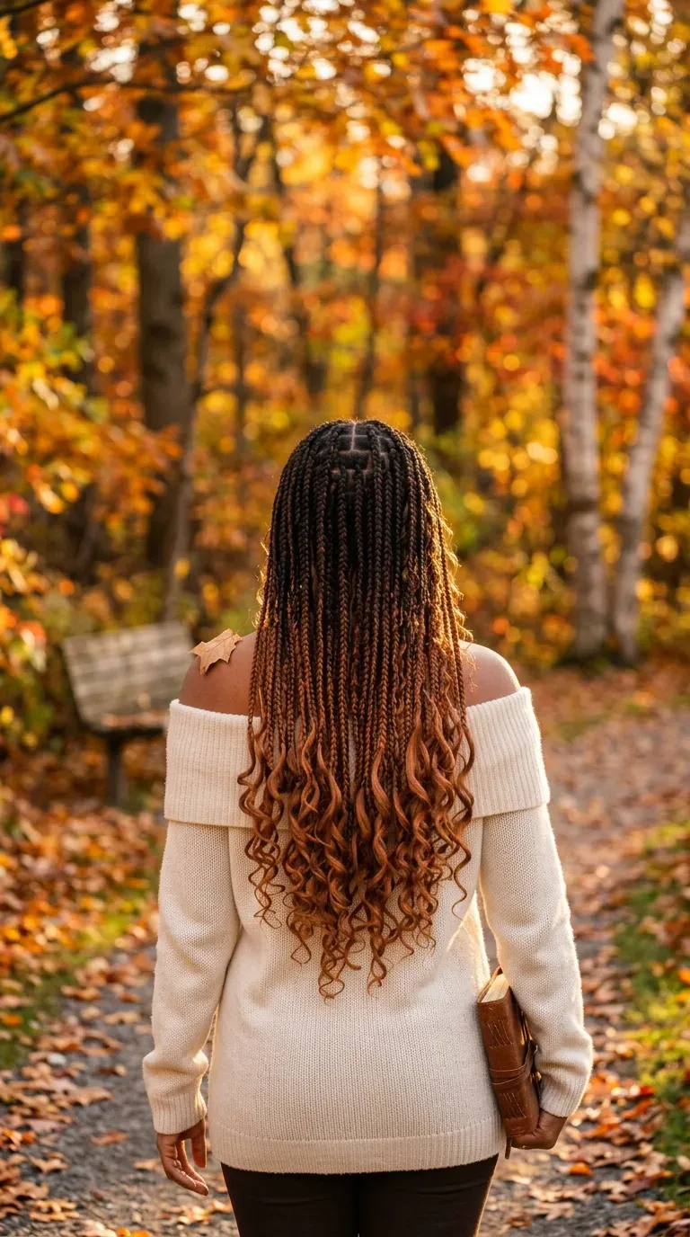 Copper ombre boho braids fading lighter at the ends in a golden autumn park