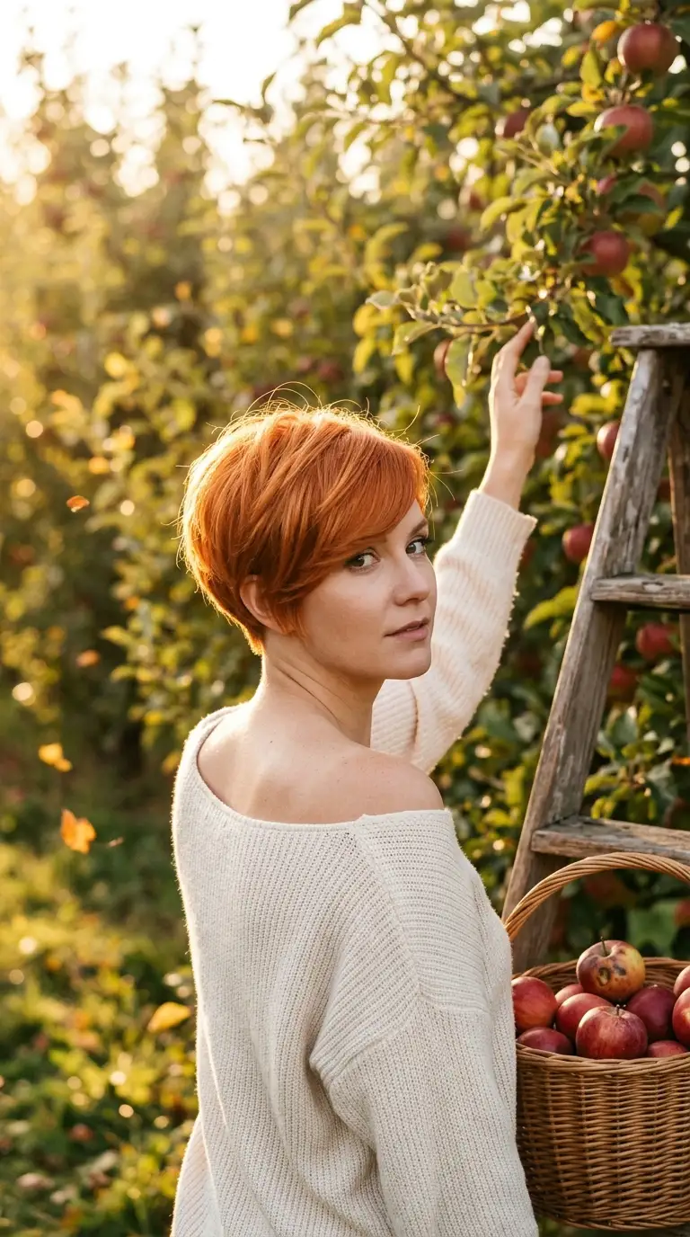Over the shoulder view of a copper pixie with soft layers in an autumn orchard