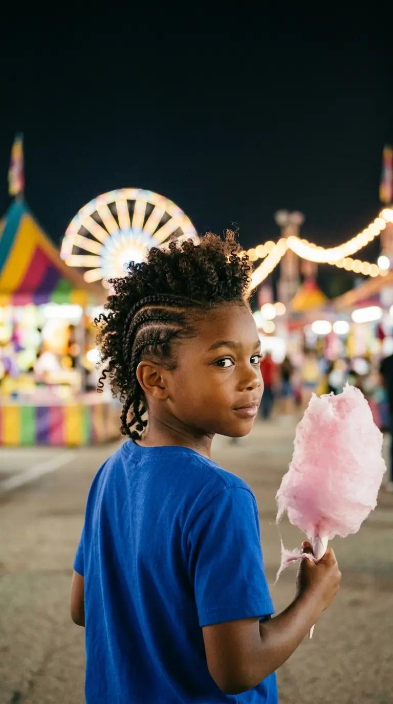 Over the shoulder view of a boy with a cornrow frohawk and curly top