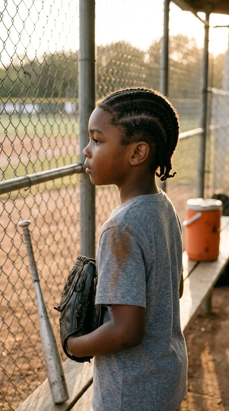 Cornrow hairstyles for kids example, a boy with straight back braids at baseball practice