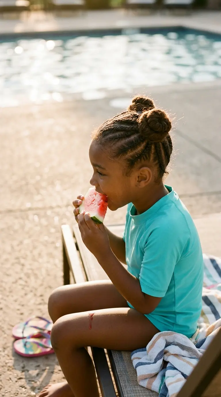 Side profile of a girl with cornrows leading into two space buns poolside