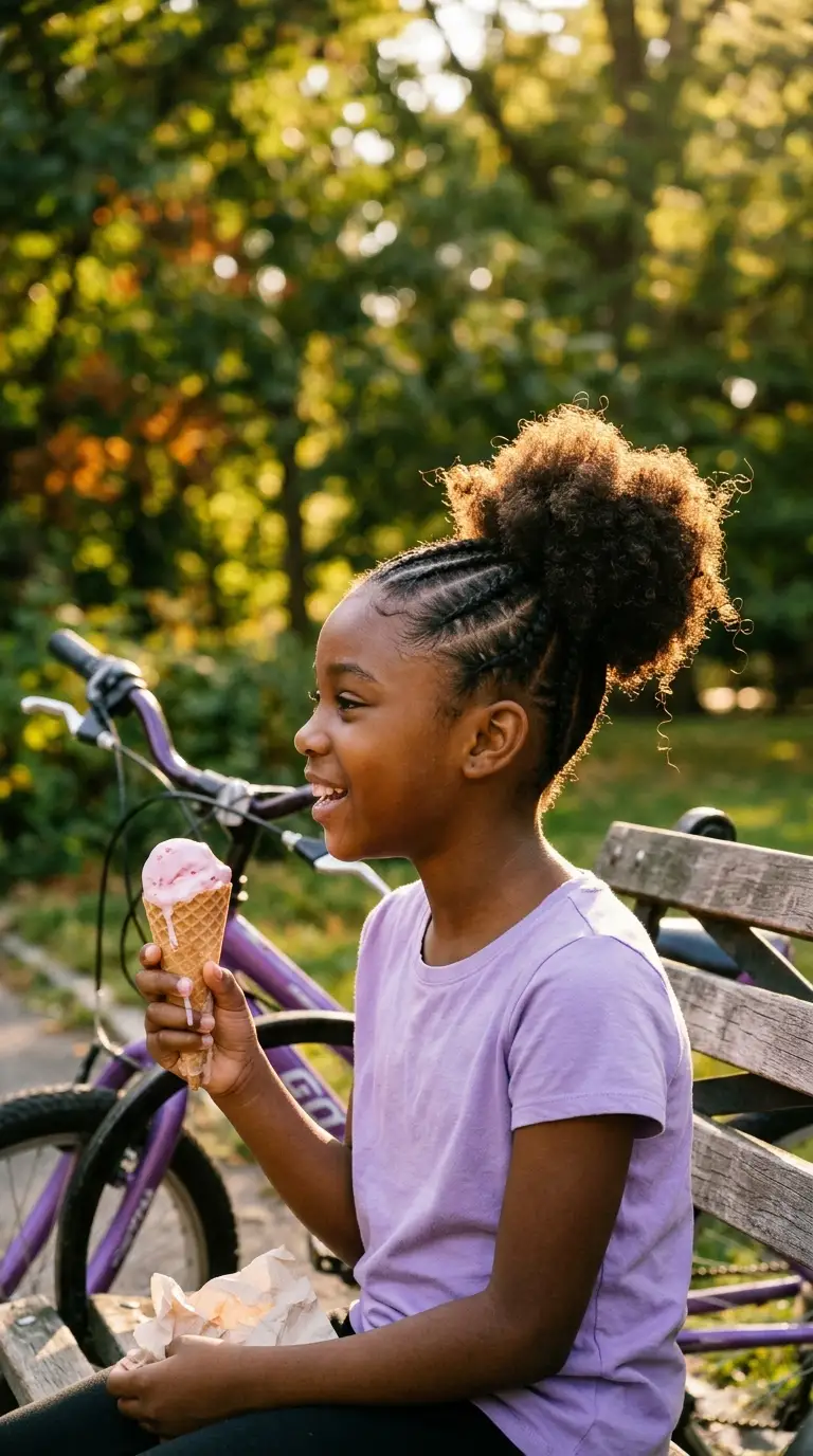 Three quarter front view of a girl with cornrows leading into a high puff