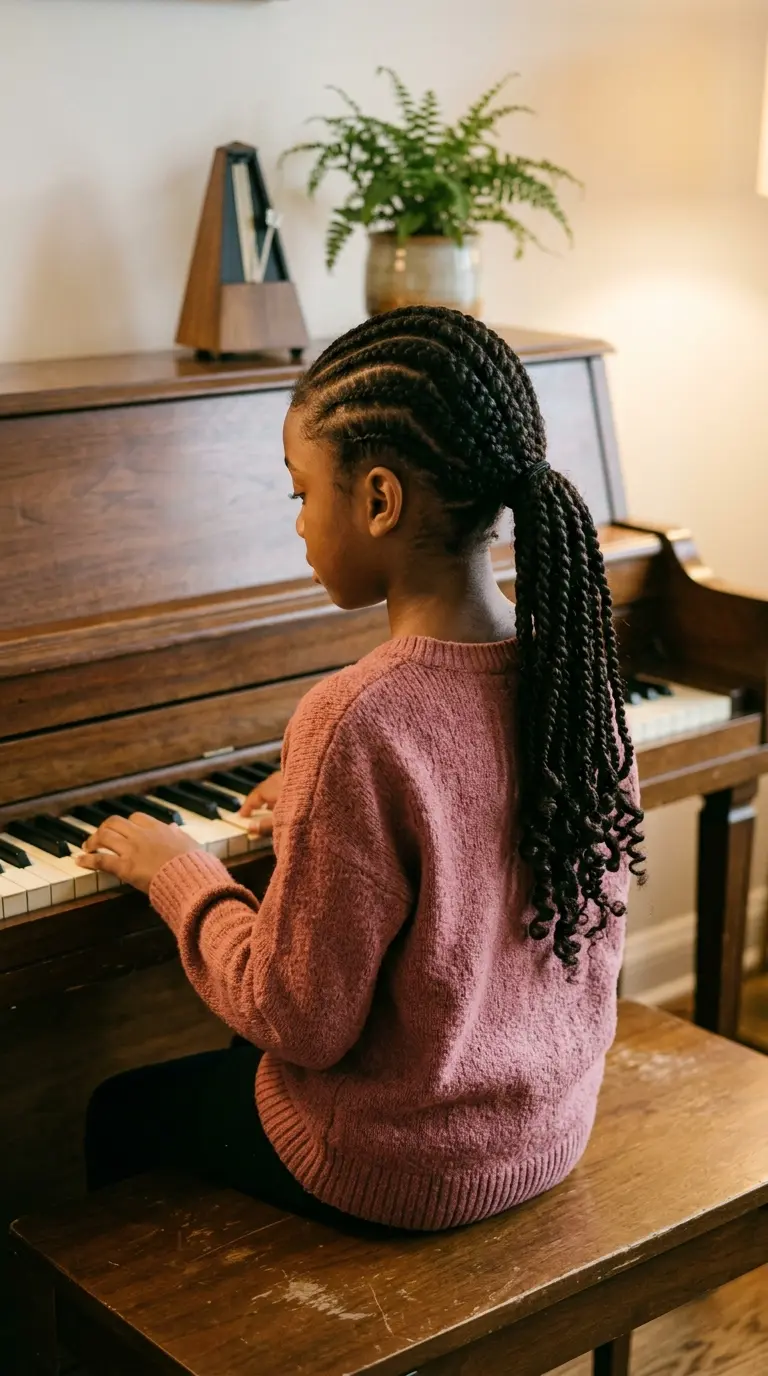 Three quarter back view of a girl with cornrows into a twisted low ponytail