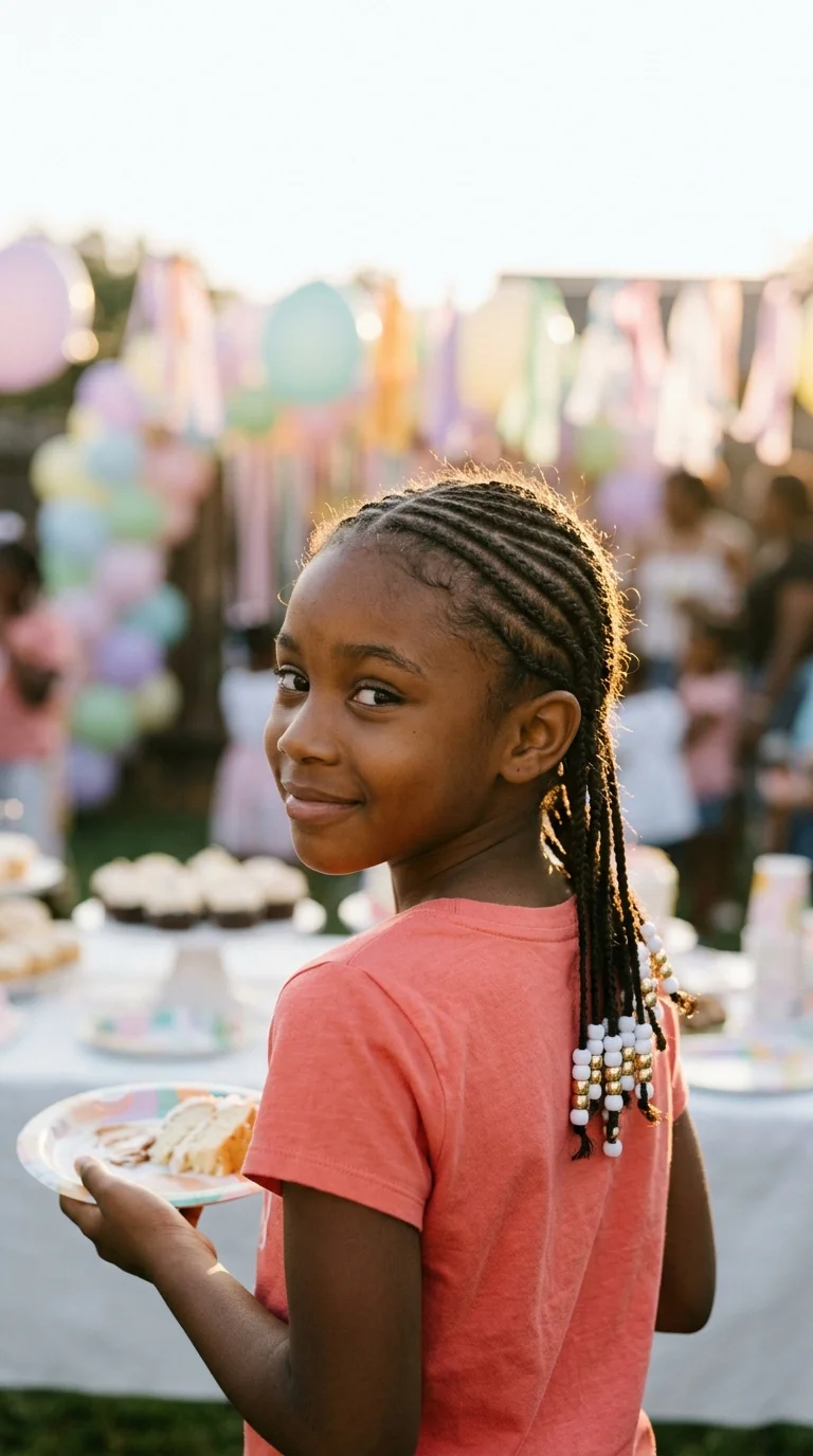Over the shoulder view of cornrow hairstyles for kids with white and gold beads