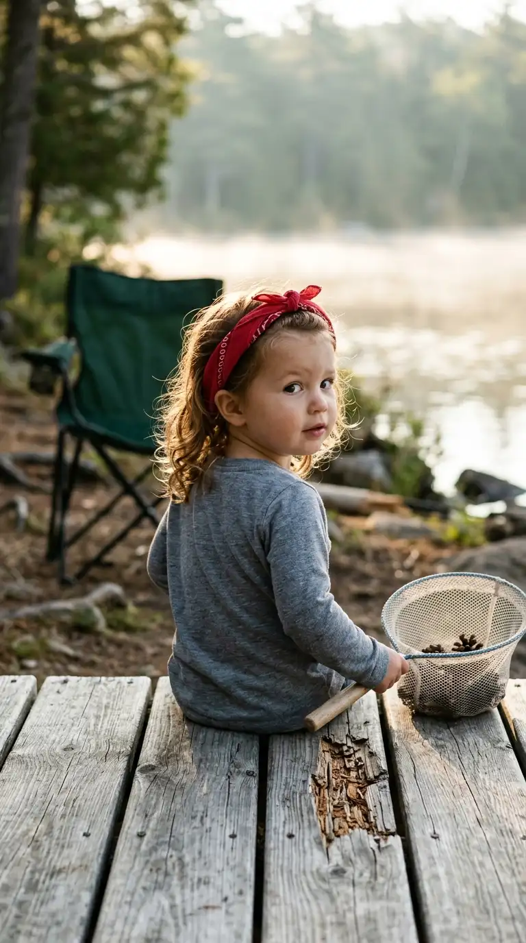 Three quarter back view of a toddler wearing a cotton bandana by a lake