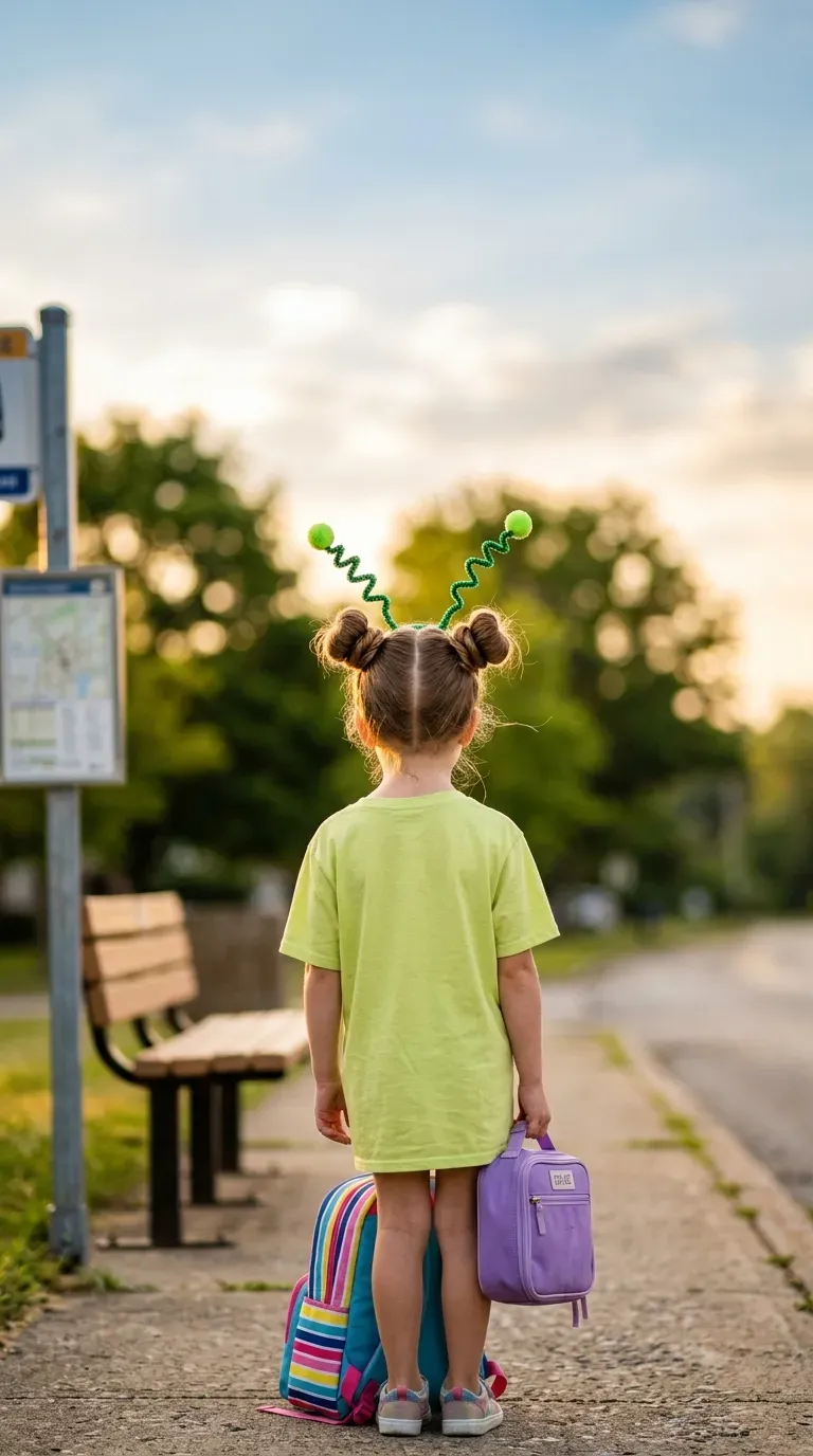 Two space buns with green pipe cleaner alien antennae on a crazy hair day