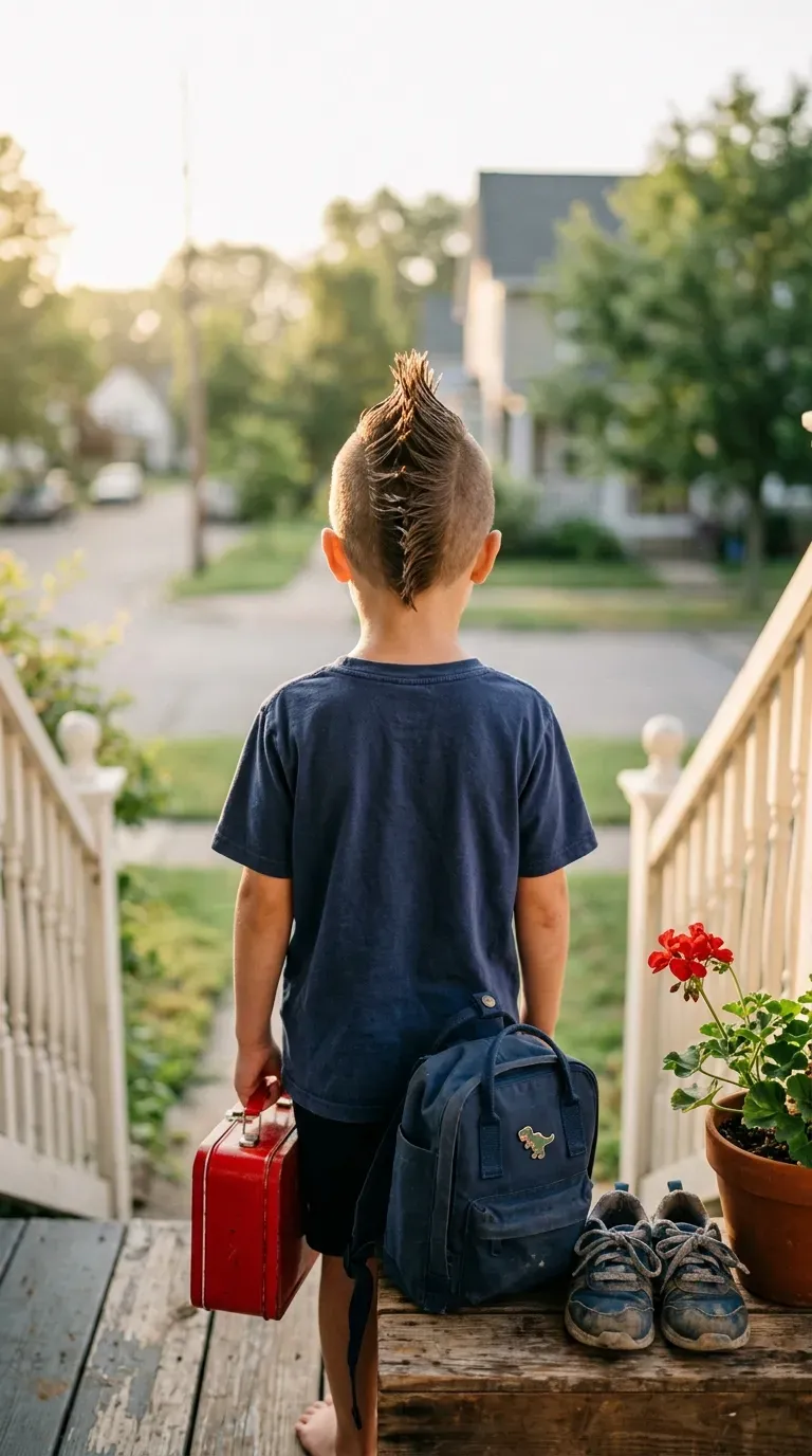 Back view of a young boy with a spiky gel mohawk on short hair