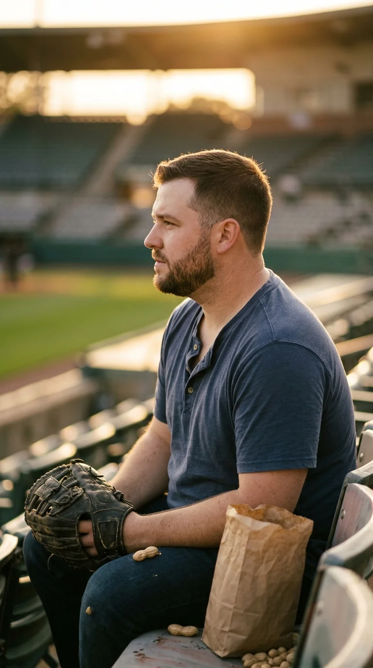Side profile of a crew cut with a squared beard at a ballpark