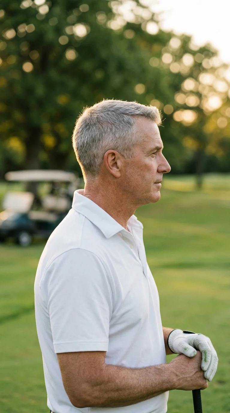 Side profile of a grey crew cut with a tapered neckline on a golf course