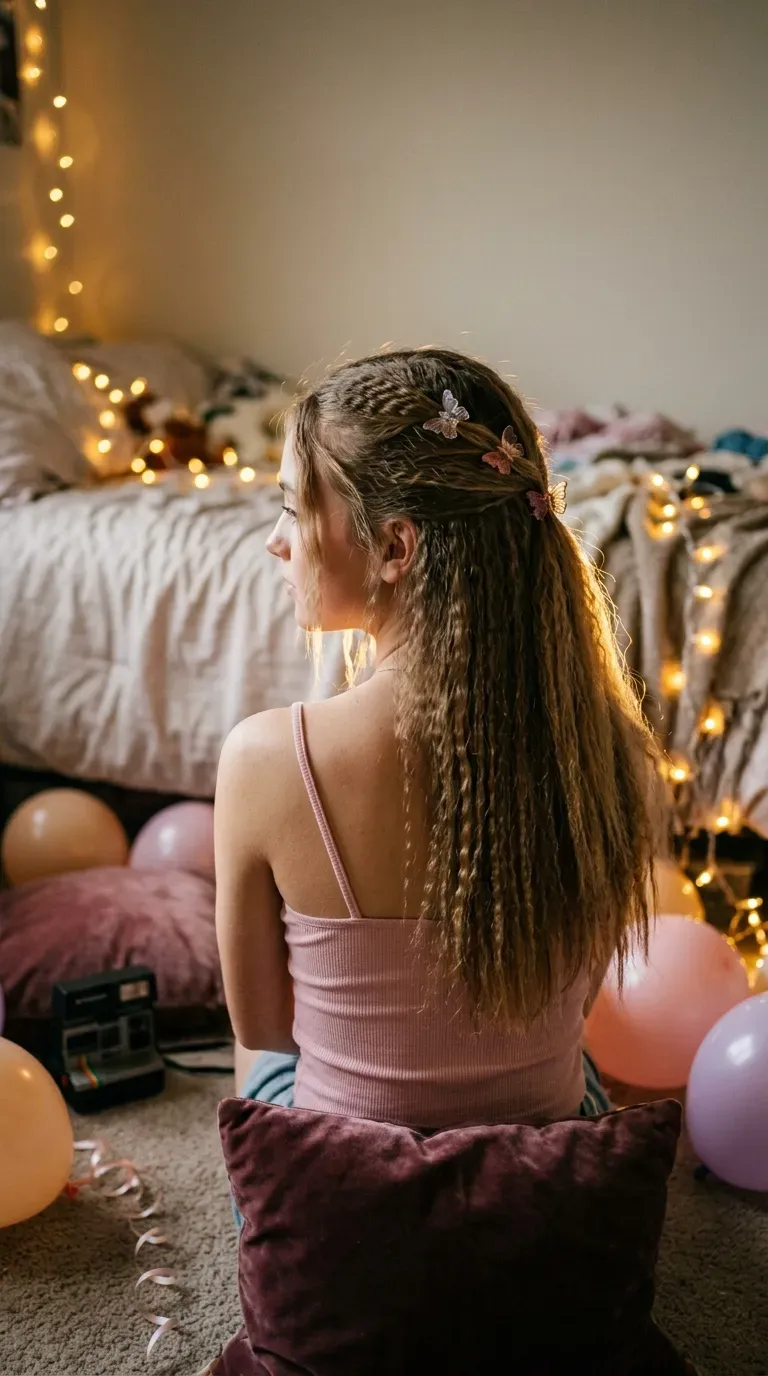 Three quarter back view of crimped half up hair with butterfly clips