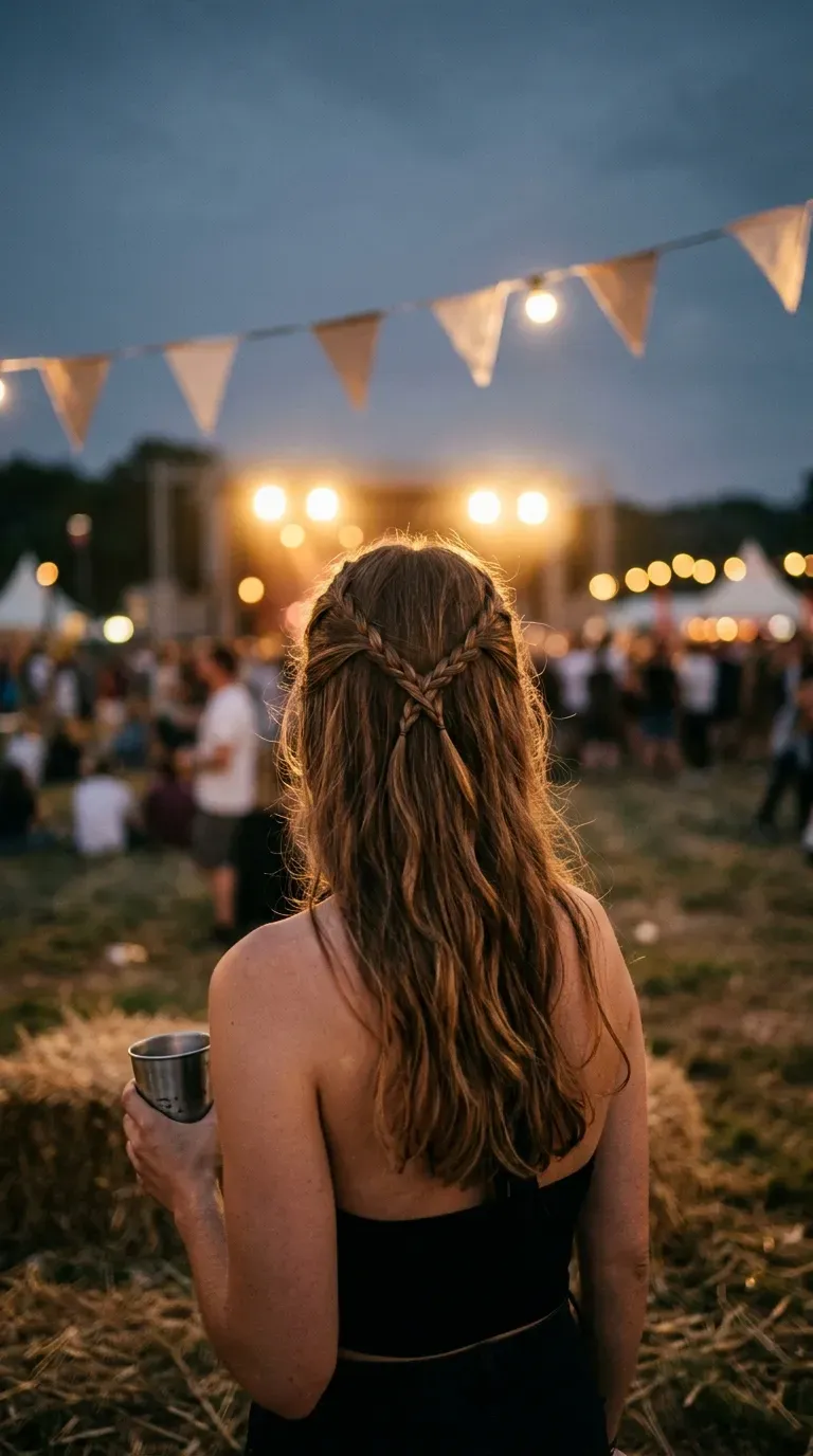 Back view of long brown hair with two braids crossed in an X