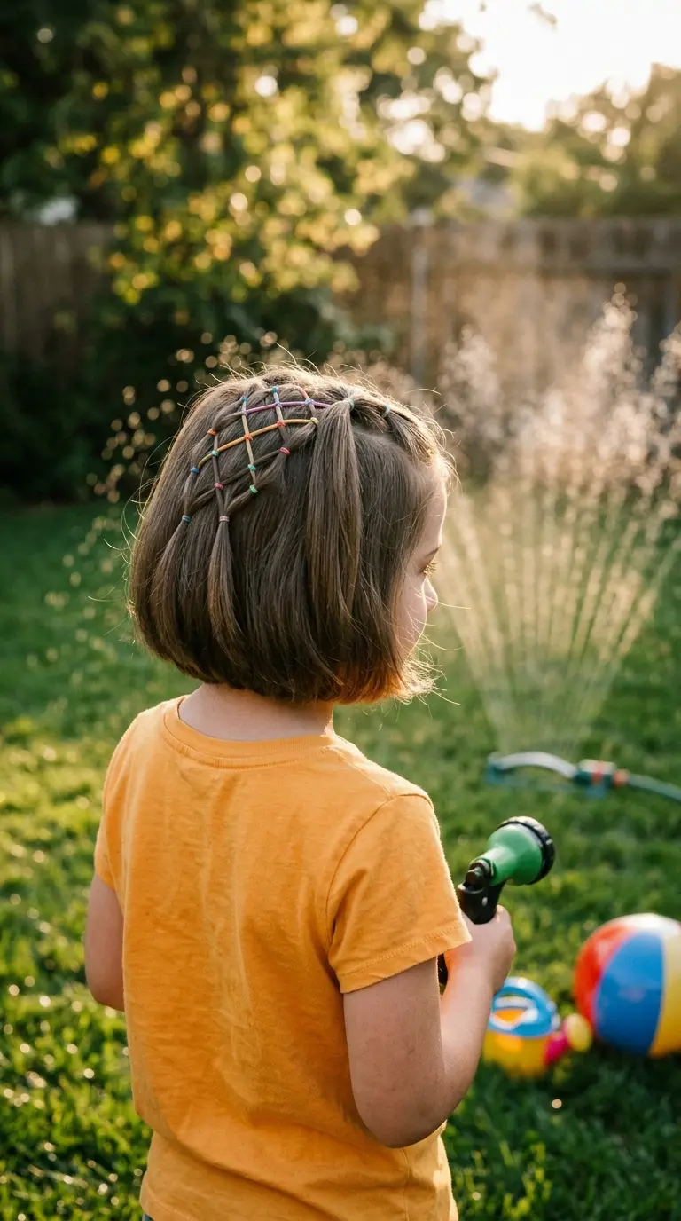Over the shoulder view of criss cross elastics on a girl’s short brown hair