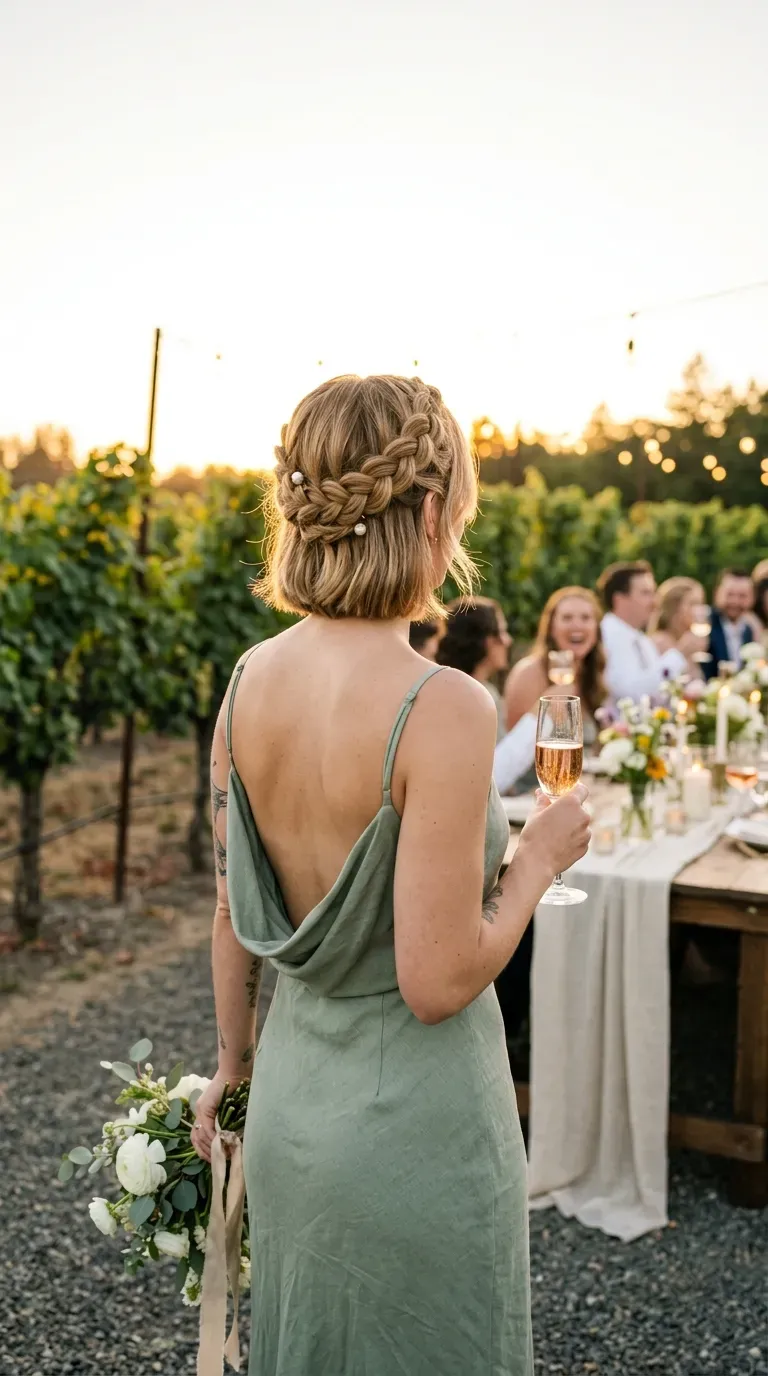 Three quarter back view of a blonde crown braid circling a chin length bob