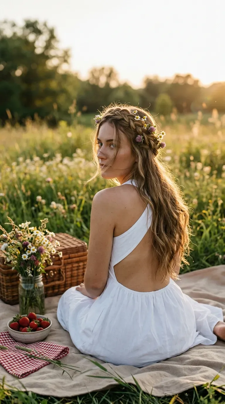 Over the shoulder view of a crown braid with wildflower stems at a picnic