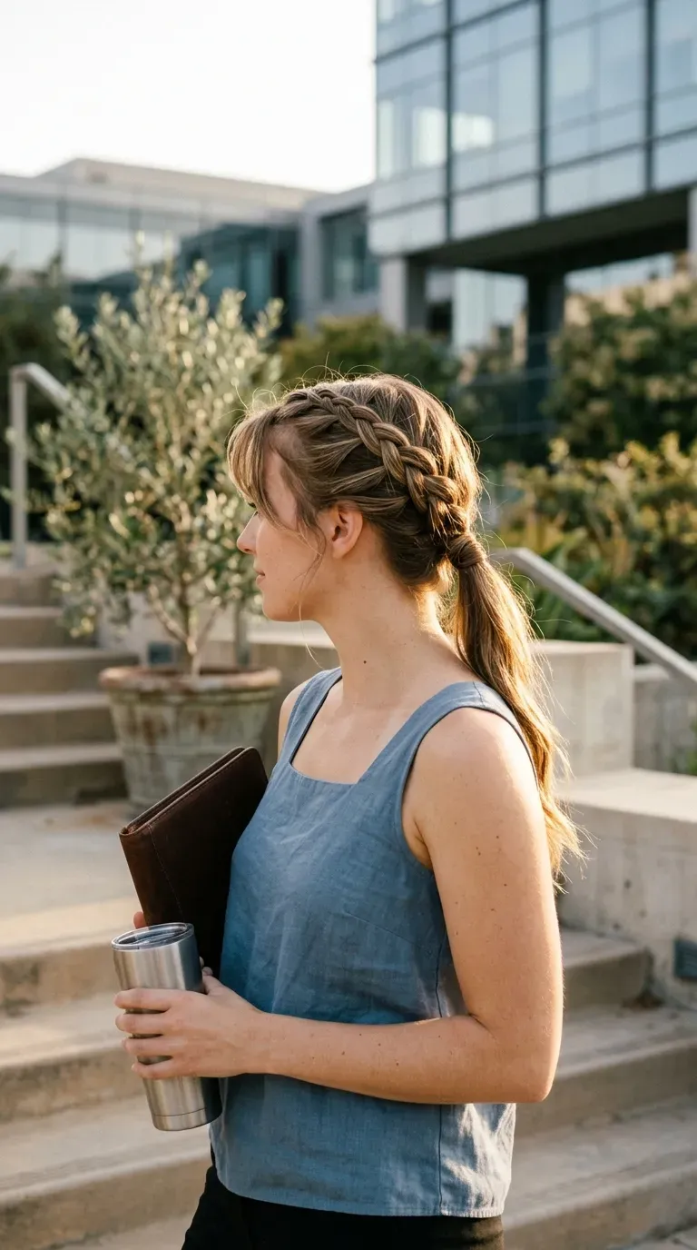Three quarter view of a crown French braid into a low tail on stairs