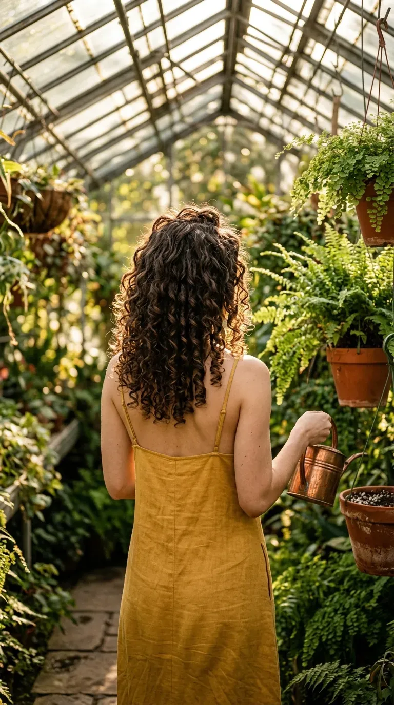 Long dark brown curly hair with rounded layers seen from behind in greenhouse