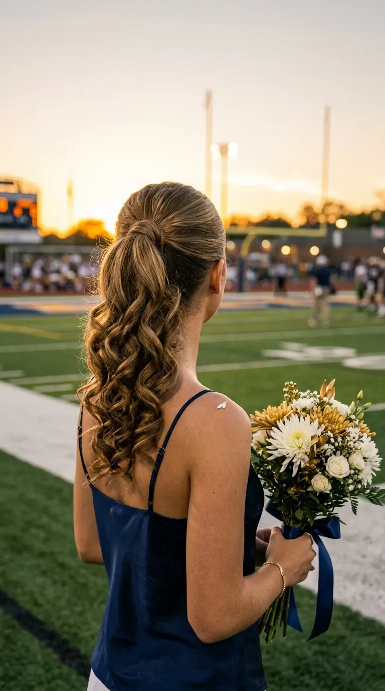 Voluminous curled high pony, one of the best game day hairstyles for homecoming