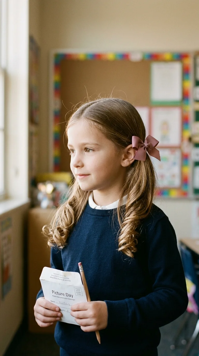 Three quarter front side view of a girl with low pigtails finished in soft bouncy curls for picture day