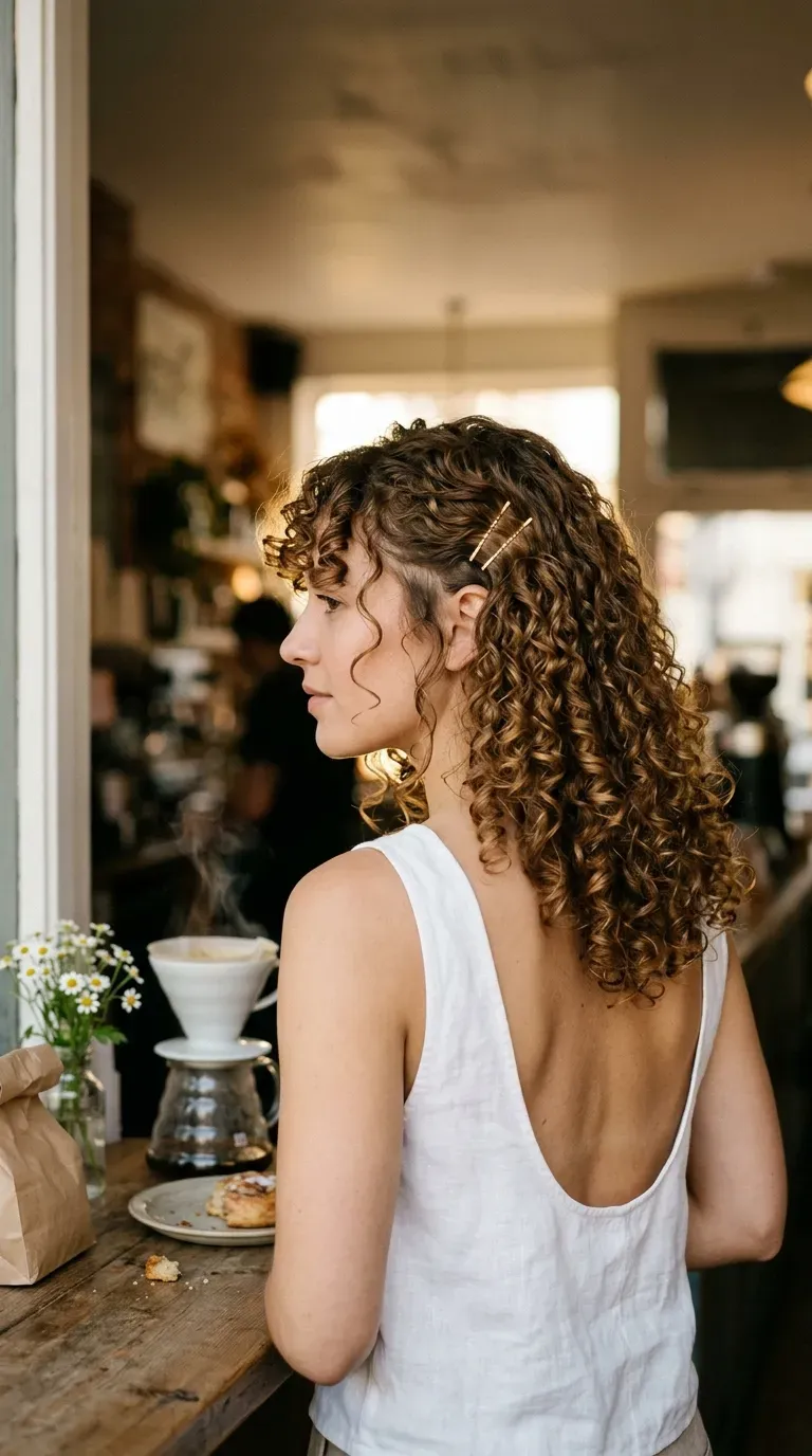 Three quarter back view of curly bangs pinned back with two small clips