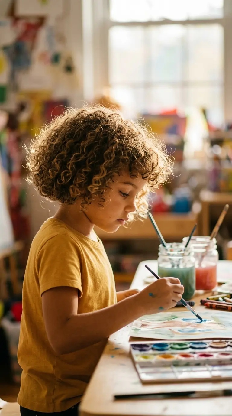 Three quarter front view of a mixed girl with a rounded curly bob and soft curly bangs at an art table