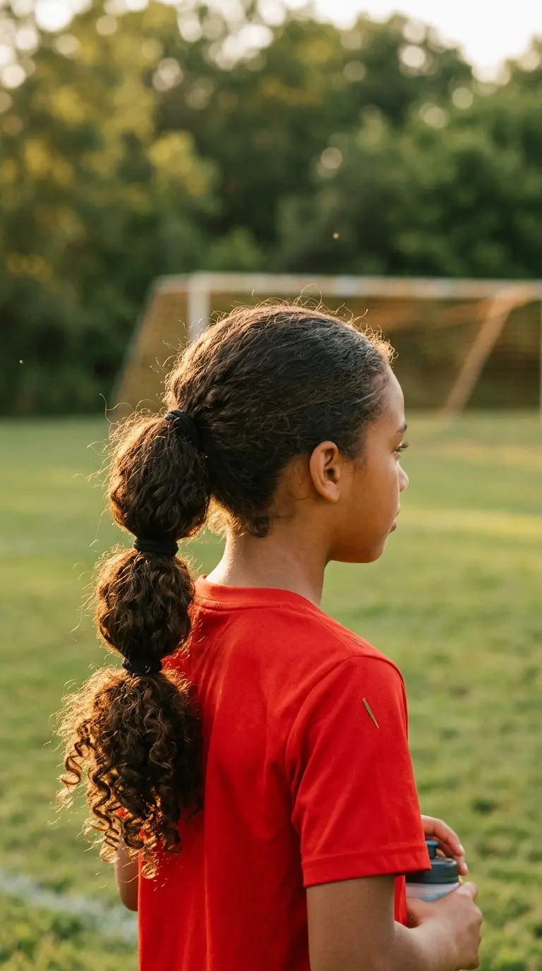 Side profile of a mixed girl with a long curly bubble ponytail at a soccer field