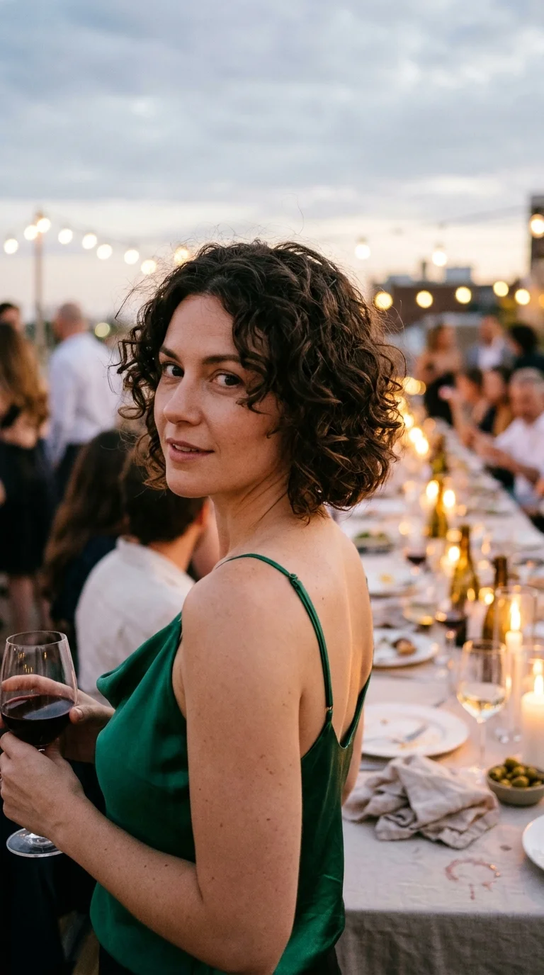 Over the shoulder view of a dark curly chin length bob with shaped layers