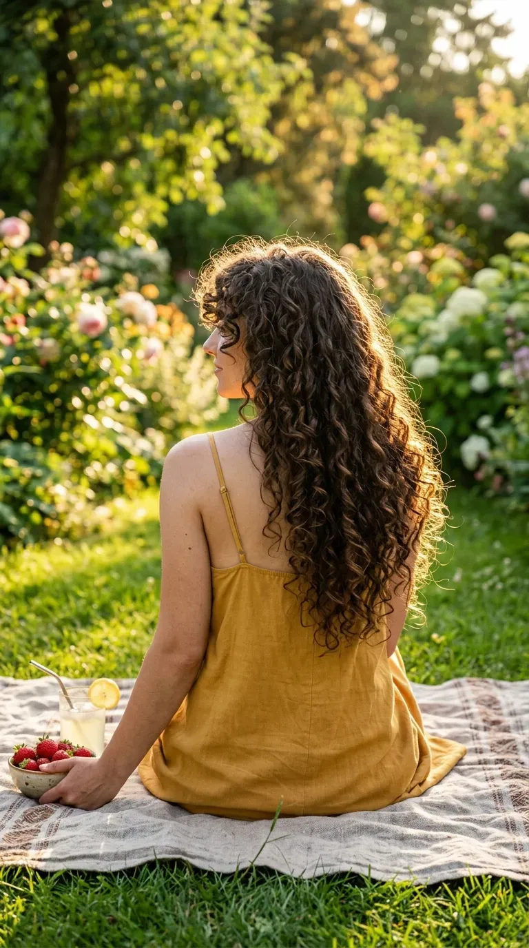 Long dark brown curly hair with curly curtain bangs seen from behind at picnic